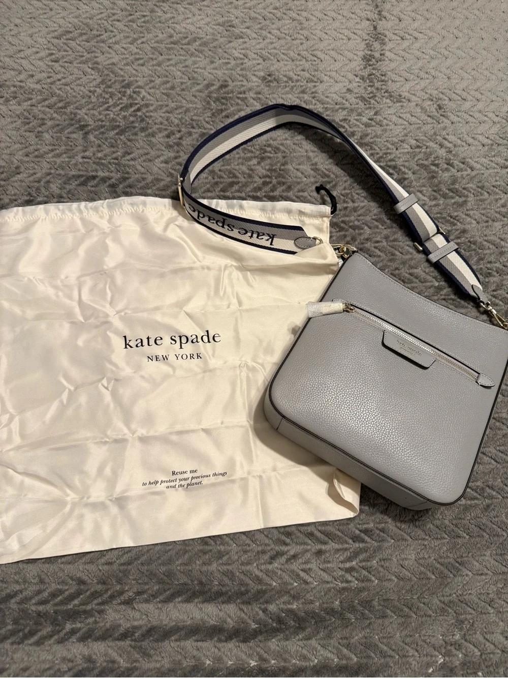 kate spade Light Gray Pebbled Leather Crossbody with Striped Strap